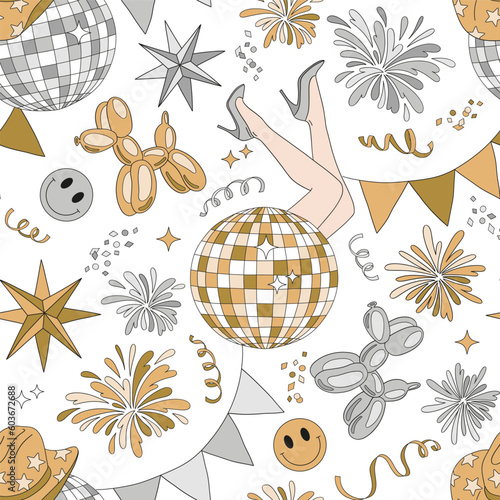 Happy New Year party disco vector seamless pattern. Winter holidays celebration background. Festive seasonal surface design for packaging, scrap book, card making