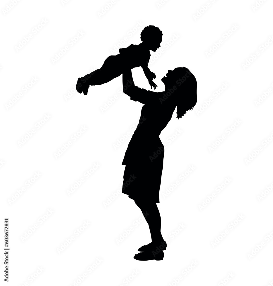 Mom lifting her little son up in the air vector silhouette.