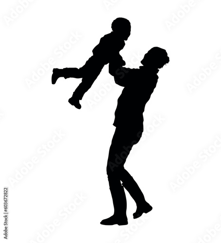 Mom lifts her little son up vector silhouette.