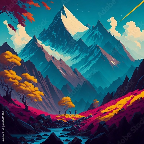 A fantastical mountain range in a vibrant and colorful setting. 