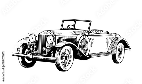 old car Transportation of ink drawing sketch for poster  post card  name card  brochure  t-shirt  logo  branding  collection  art print.