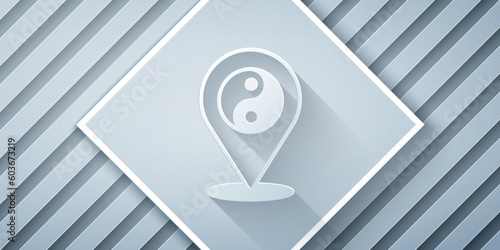 Paper cut Yin Yang symbol of harmony and balance icon isolated on grey background. Paper art style. Vector