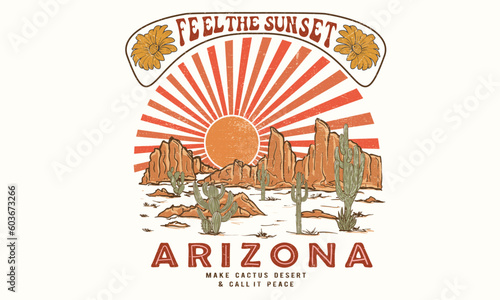 Desert vector print design for t shirt and others. Arizona cactus graphic design for apparel, stickers, posters and background. Cactus and flower artwork.