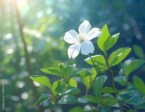 white flower surrounded by green leaves. A Close-up of a Radiant White Bloom Nestled Amongst a Verdant Sea of Fresh Foliage, Symbolizing Serenity and Purity in the Heart of Nature's Bountiful Garden.
