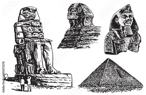 Graphical set of Egypt landmarks isolated on white, vector illustration. 