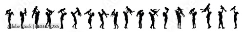 Man and woman playful holding lifting baby child and kid vector silhouette set collection.