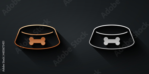Gold and silver Pet food bowl for cat or dog icon isolated on black background. Dog or cat paw print. Long shadow style. Vector
