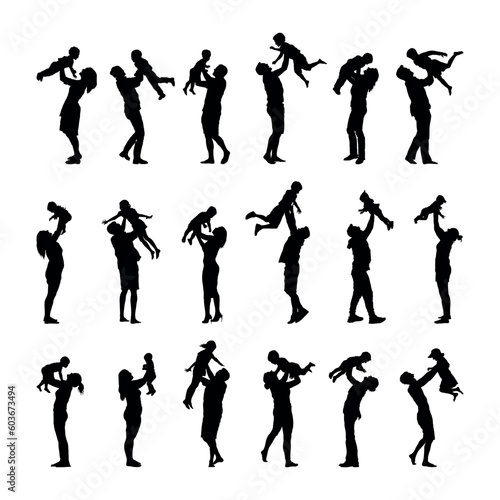 Group of parents playing and lifting up child silhouette set. Fathers and mothers have fun lifting their baby kids up in the air silhouette set collection.