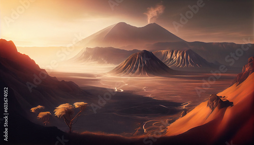 A captivating illustration capturing the majestic beauty of Mount Bromo, an iconic volcanic peak in Indonesia, generative ai