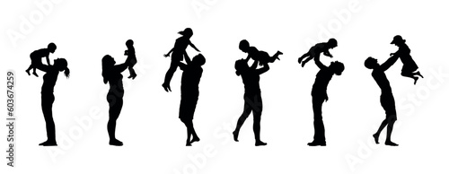 Fathers and mothers have fun playful lifting their baby child and kids up in the air silhouette set collection.