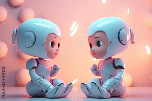 Children talking with robotic ai chat bot.futuristic technology or machine learning data development concepts  generative AI