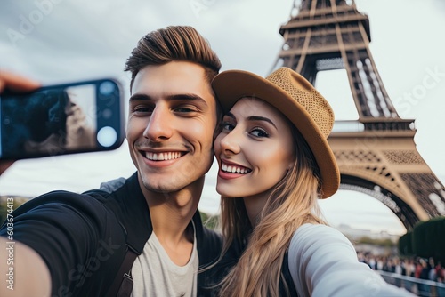 roamntic couple doing selfie on Paris street, ai generative photo