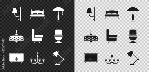 Set Wall sconce, Big bed, Table lamp, Chest of drawers, Chandelier, and Armchair icon. Vector