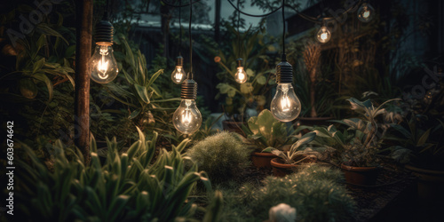 Light bulbs in a garden at night