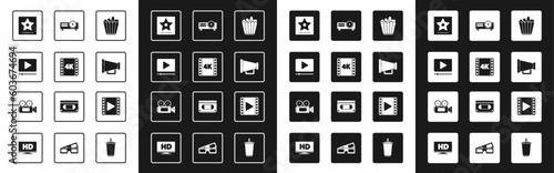 Set Popcorn in box, 4k movie, tape, frame, Online play video, Hollywood walk of fame star, Megaphone, Movie, film, media projector, Play Video and Cinema camera icon. Vector
