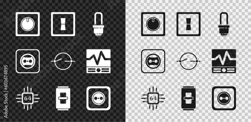 Set Electric light switch, LED bulb, Processor with microcircuits CPU, Electrical outlet, and scheme icon. Vector