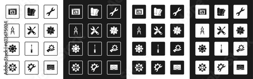 Set Wrench spanner, Screwdriver and wrench, Drawing compass, House plan, Gear, Graphing paper pencil, Settings the hand and arrows workflow icon. Vector