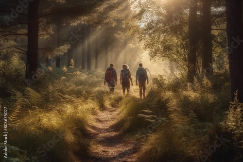 three young hikers with backpacks walk through a dense forest toward dawn, created with Generative AI Technology © Masson