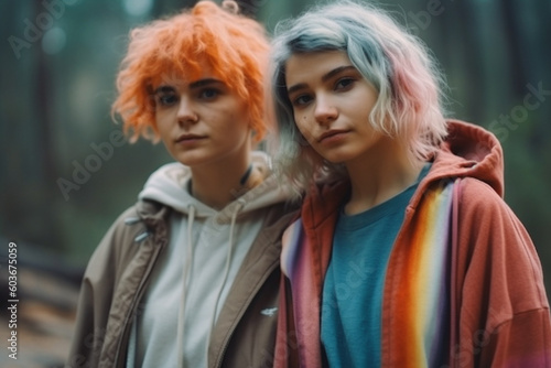 Portrait of two LGBT teenage girls with colorful hair on a walk in the woods, created with Generative AI Technology