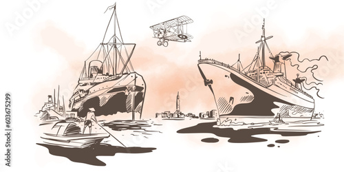 Transportation of ink drawing sketch for poster, post card, name card, brochure, t-shirt, logo, branding, collection, art print.