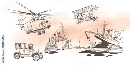 Transportation of ink drawing sketch for poster, post card, name card, brochure, t-shirt, logo, branding, collection, art print.