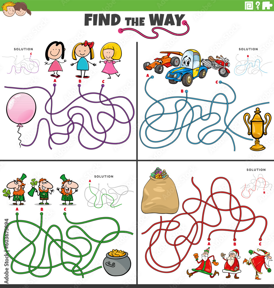 find the way maze games set with funny cartoon characters