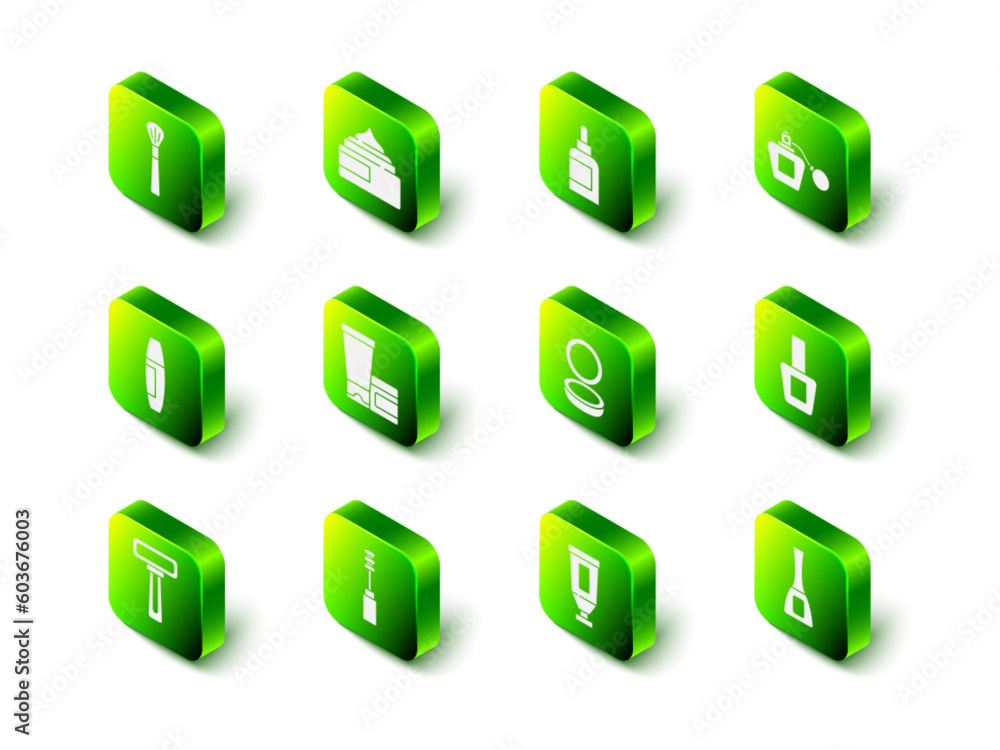 Set Cream or lotion cosmetic tube, Perfume, Nail polish bottle, Makeup powder with mirror, and Mascara brush icon. Vector