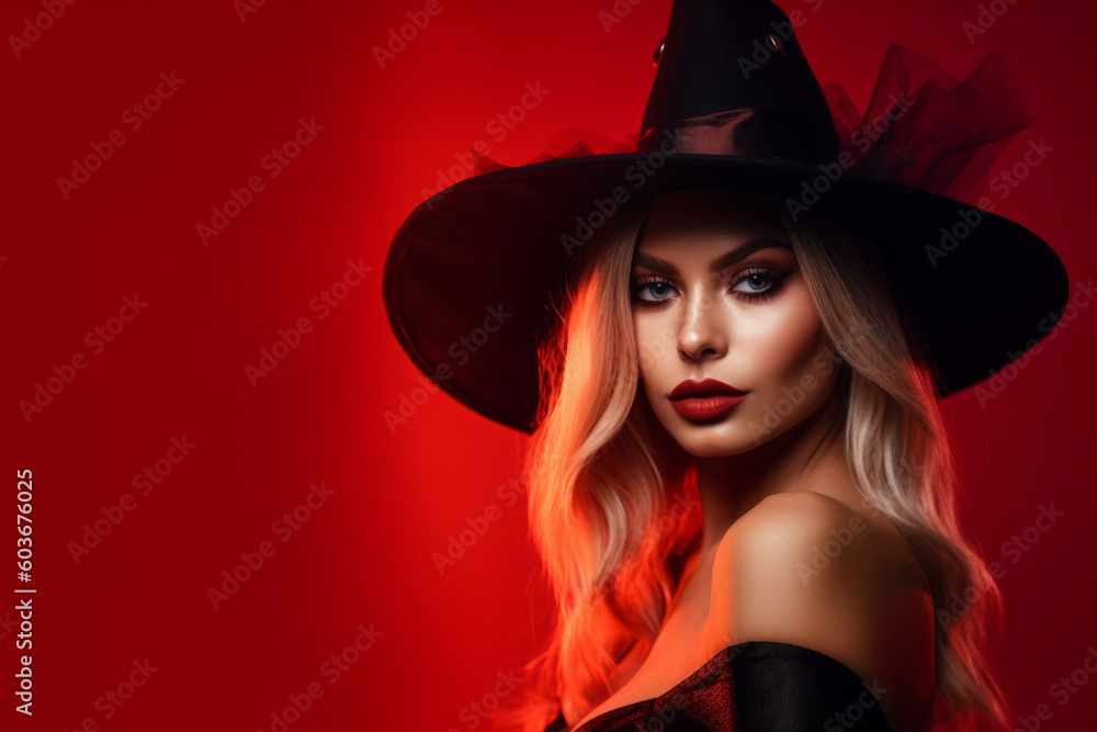 Portrait of a sexy halloween witch against a red background. Generative ai Portrait of a sexy halloween witch against a red background. Generative ai