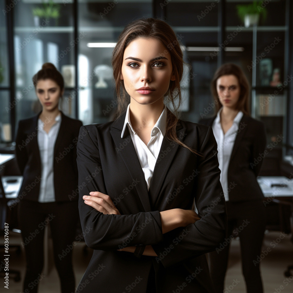 Businesswoman in formal suit with crossing hands stands in office, partners on background, created with Generative AI Technology Businesswoman in formal suit with crossing hands stands in office, partners on background, created with Generative AI Technology