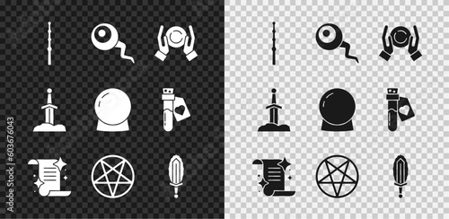 Set Magic wand, Eye, ball on hand, Ancient magic book, Pentagram in circle, sword fire, Sword the stone and icon. Vector