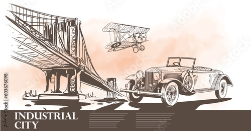 Transportation of ink drawing sketch for poster, post card, name card, brochure, t-shirt, logo, branding, collection, art print.