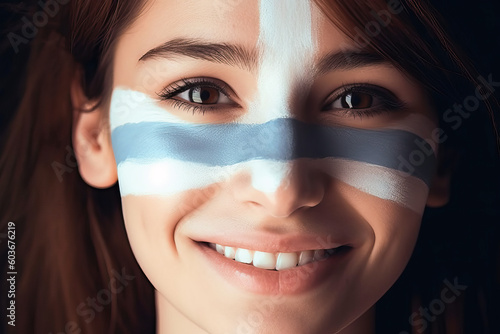 A woman with a Argentina flag painted face smiles for the camera photo