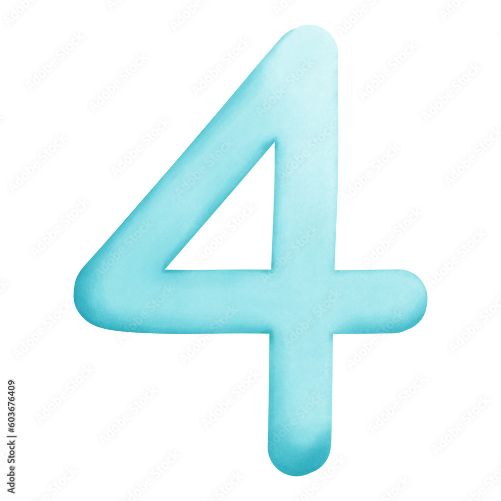 Obraz premium Watercolor Pastel Blue Number 4 Illustration Isolated on Transparent Background