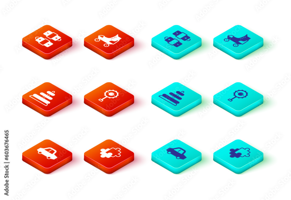 Set Toy car, Puzzle pieces toy, Pyramid, Rattle baby, Roller skate and Battery icon. Vector Set Toy car, Puzzle pieces toy, Pyramid, Rattle baby, Roller skate and Battery icon. Vector
