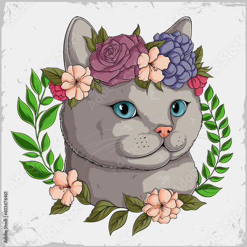 Hand drawn cute grey cat with beautiful flowers on his head in a colorful floral wreath