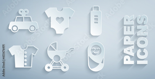 Set Baby stroller, Pregnancy test, t-shirt, Newborn baby infant swaddled, clothes and Toy car icon. Vector