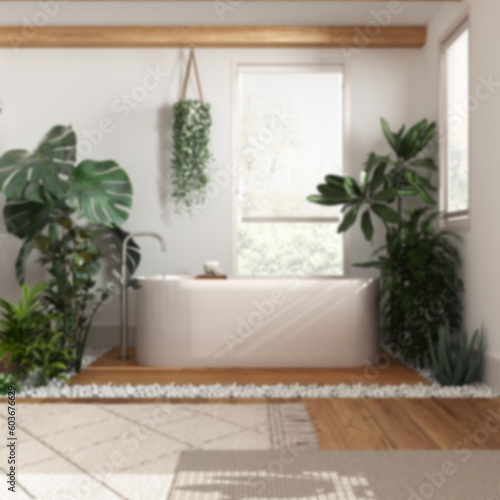 Blurred background, modern wooden bathroom close up with bathtub and many houseplants. Biophilia concept. Urban jungle interior design
