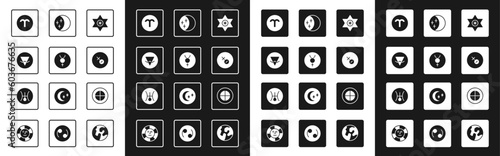 Set Falling star, Symbol Mercury, Earth element, Aries zodiac, Venus symbol, Eclipse of the sun, globe and Uranus icon. Vector