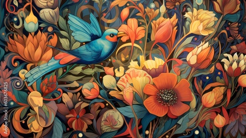 Colorful illustration of blue bird an flowers. Made with Generative AI. © Paul