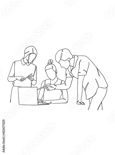 Continuous one line drawing of business teamwork. Vector illustration.