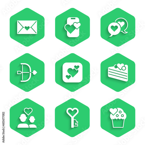 Set Heart, Key in heart shape, Wedding cake, Lover couple, Bow and arrow, speech bubble and Envelope with Valentine icon. Vector