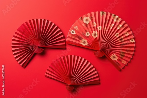 Chinese New Year. Decor pattern fan on red background. Red paper fans .Lunar New Year banner template. Lunar New Year chinese banner. AI Generated