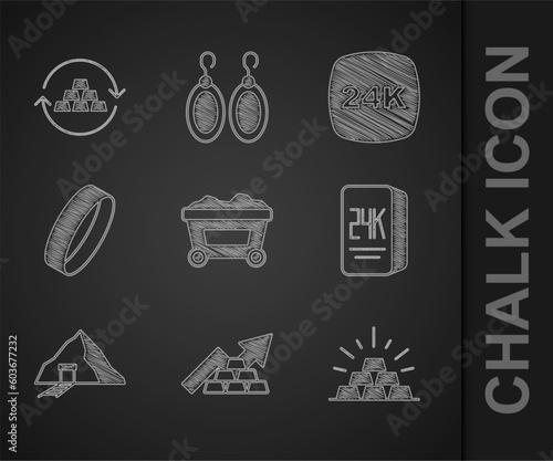 Set Mine cart with gold, Growth arrow bars, Gold, 24k, mine, ring, and exchange money icon. Vector