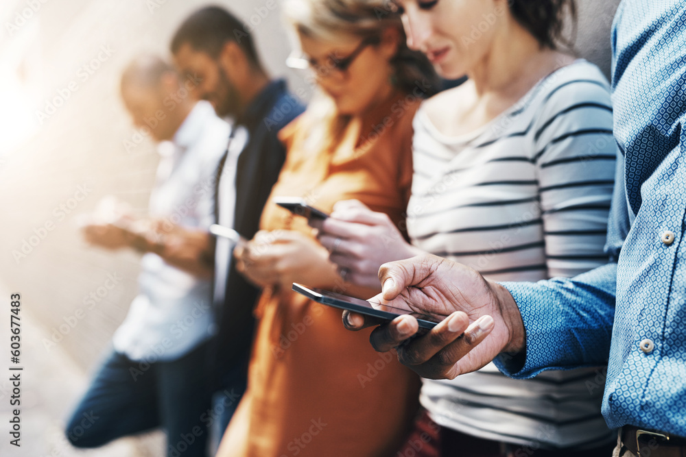 Fototapeta premium Social media, communication and phone with hands of people for networking, internet and connection. Technology, contact and search with friends at wall in city for website, online and app