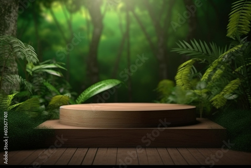 Beauty  fashion  make-up  product concept. Minimalistic product placement wooden podium in tropical forest background . Minimalistic and futuristic looking style. Generative AI
