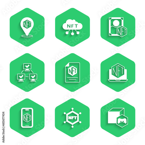 Set NFT contract, blockchain technology, Digital crypto art, Laptop with store app, Mobile, and icon. Vector