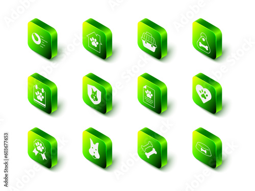 Set Pet house, carry case, Dog collar with bone, Heart animals footprint, food bowl for cat or dog, Medical clinical record pet, and icon. Vector