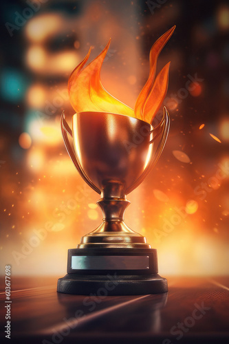 Winner trophy with a burning flame. Vertical illustration. AI generative.