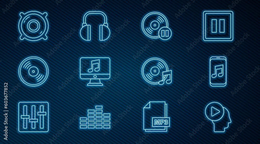 Set line Head people with play button, Music player, Vinyl disk, Computer music note, Stereo speaker, and Headphones icon. Vector Set line Head people with play button, Music player, Vinyl disk, Computer music note, Stereo speaker, and Headphones icon. Vector