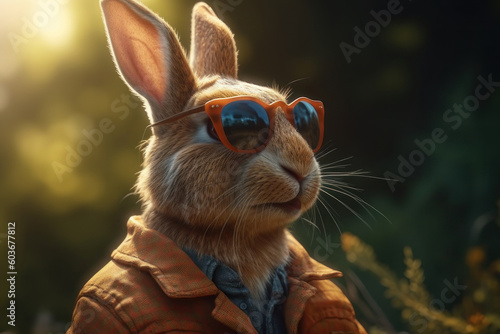 Rabbit in sunglasses on the background of nature in summer. AI generative.